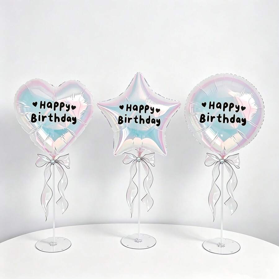 18 Inch Iridescent Heart, Star, Round Foil Balloons With Fish Tail Ribbon And Balloon Stand, Suitable For Birthday, Wedding, Aesthetic Photo Booth Decoration - View 1