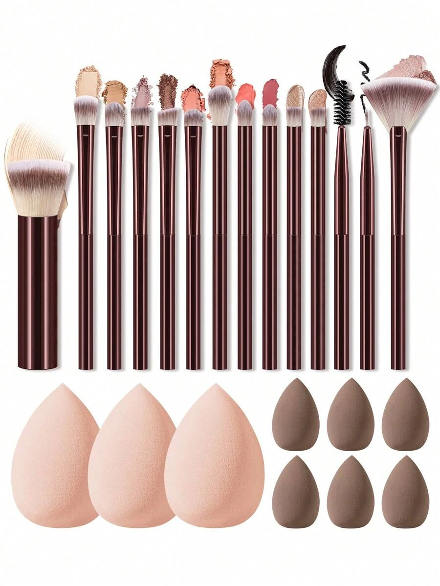 23Pcs Dark Brown Makeup Tool Set, 14Pcs Face & Eye Makeup Brushes, Large & Mini Water Drop Makeup Sponges, Soft Synthetic Bristles, Wet Dry Dual Use Foundation Eyeshadow Cosmetic Tools, Portable Travel Beauty Gift Kit For Makeup Beginners - Multicolor - View 1