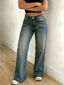 Women's Casual Versatile Straight Leg Jeans With Pockets - Navy Blue - View 4