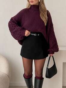 Women's Burgundy High Neck Knit Sweater, Bishop Sleeve Design, Comfortable And Fashionable, Autumn/Winter Essential Top - Burgundy - View 5