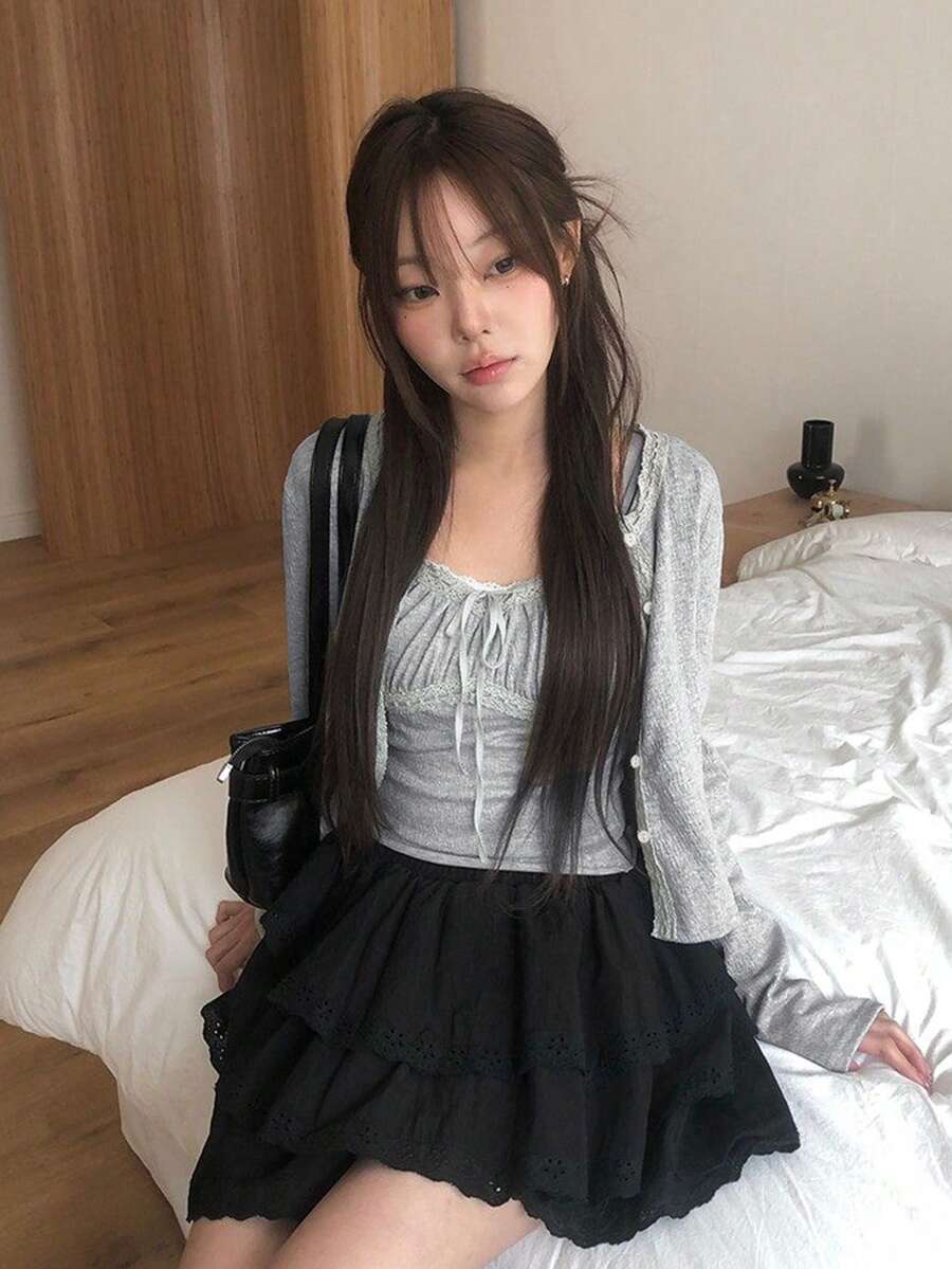 Early Autumn Korean Cute Girl Lace Tie Strap Cardigan Set - Grey - View 1