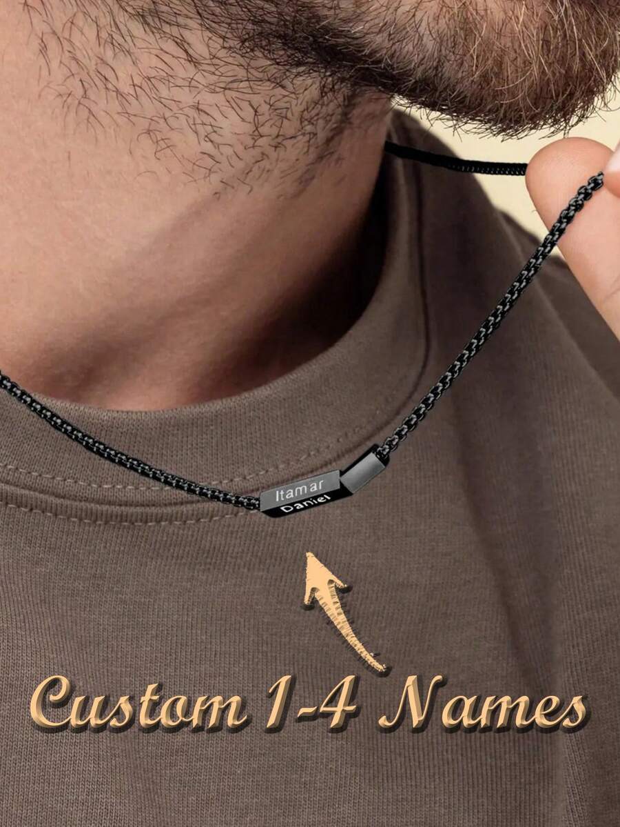 Customized Men's Black Necklace, Personalized Gift For Dad, Men's Engraved Jewelry, Name Necklace, Date Necklace, Husband Gift, Christmas Gift - Multicolor - View 1