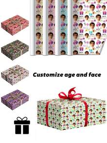 Custom Birthday Party Gift Wrapping Paper - Upload Photo Personalized Age, Includes Gift Box, Confetti, Cupcake Pattern Wrapping Paper, Suitable For 18th, 21st, 30th, 40th, 50th, 60th Birthday Party Decoration, Holiday Gift Wrapping Paper - Multicolor - View 3