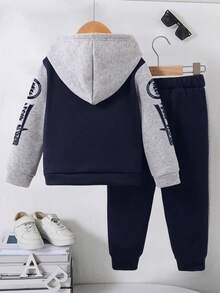 Young Boy Letter Print Hoodie And Long Pants Casual Set - Royal Blue - View 2