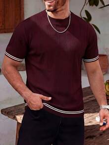 ALTZTAR Men's Solid Color Contrast Vertical Striped Crew Neck Knitted Short Sleeve Casual Versatile Top - Multicolor - View 7