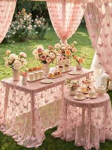1pc Pink Butterfly Mesh Tablecloth, Double-Sided Polyester Lace Table Cover, Size 220*130cm, Wedding Decoration, Bridal Shower Decor, Birthday Party Decor, Banquet Table Decor, Anniversary Celebration, Table Decoration - Pink Butterfly - View 9