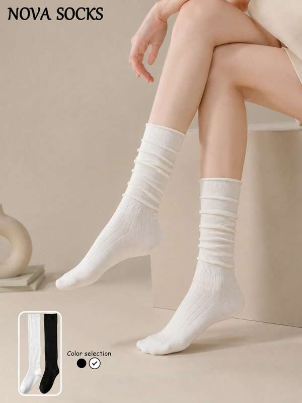 1/2 Pairs Women's Black & White Solid Color Ribbed Slouch Socks, Casual Basic Slouch Socks, Ribbed Texture Versatile Minimalist, Minimalist Style, Skin-Friendly Basic, Suitable For Home, Office, Commute, Back To School, Campus Daily Wear, Gift, Daily Outfits; Black & White Basic Colors, Women's Socks, Easy To Match, Comfortable Fabric