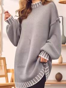 Plus Size Gray Mock Neck Sweater With White Contrast Rib Trim, Plus Size Drop Shoulder Knit Pullover For Fall Winter Layering - Grey - View 1
