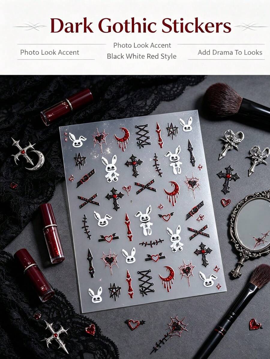 1 Set Gothic Horror Halloween Stickers, Rabbit Cross Moon Pattern Decorative Stickers, Suitable For Camera, Phone Case, Nail Art, Electronic Device Decoration