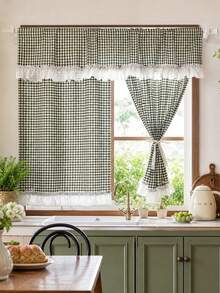 1pc Green Plaid Layered Curtain Set With Lace Ruffle Valance, Rod Pocket Farmhouse Style Cafe Curtains, Sheer Semi-Transparent For Kitchen Bathroom Small Window Decor - Green - View 1