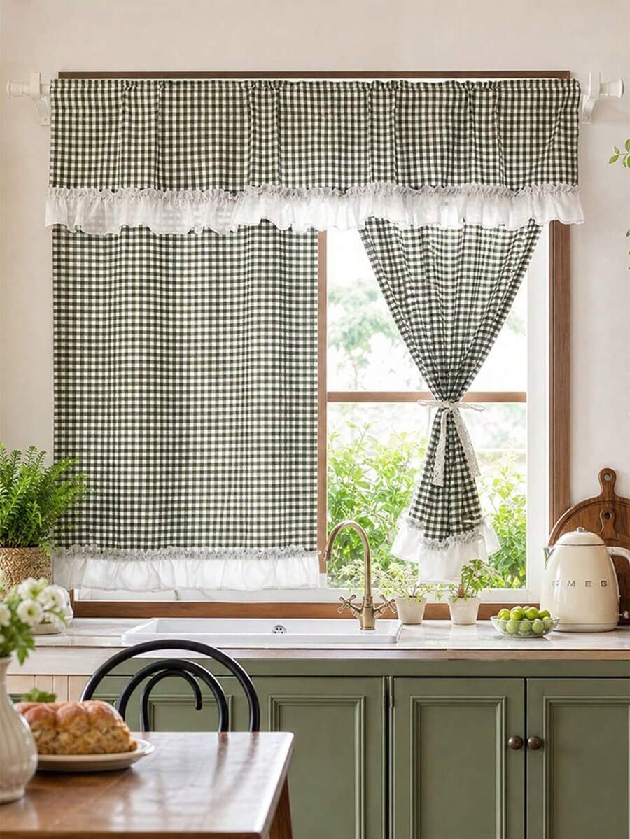 1pc Green Plaid Layered Curtain Set With Lace Ruffle Valance, Rod Pocket Farmhouse Style Cafe Curtains, Sheer Semi-Transparent For Kitchen Bathroom Small Window Decor - Green - View 1