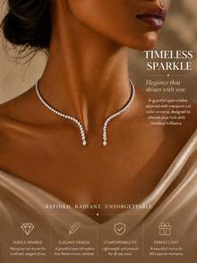 outingfit 1pc Water Drop Open Collar Necklace, Minimalist Luxury Rhinestone Clavicle Chain, High-End Fashion Evening Dress Accessory - Silver - View 2