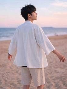 男士和服風寬鬆休閒開襟和服襯衫，100%聚酯纖維，輕盈透氣飄逸面料，純色百搭單層薄款冷氣外套 - 白色 - 查看 5