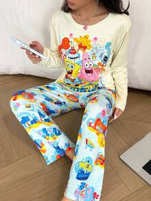 Noctvar SpongeBob SquarePants | OBM Sleepwear 2pcs Women Comfortable Round Neck Long Sleeve Top And Pants Pajama Set, Suitable For All Seasons - Yellow - View 5