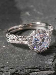 2件組銀色圓形光環鋯石婚戒套組，馬眼形鑲飾可疊戴訂婚戒，女款2件戒指套組，無盒 - 銀色 - 查看 3