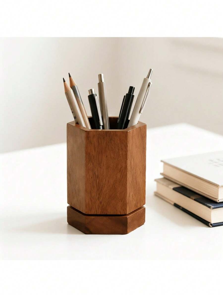 Walnut Rotating Pen Holder And Cup - 360° Rotating Base, Walnut Desktop Organizer, Polished Finish, Dual-Purpose Pencil And Makeup Brush Storage, Suitable For Office, School, Home, Minimalist Vintage Desktop Accessory - Multicolor - View 1
