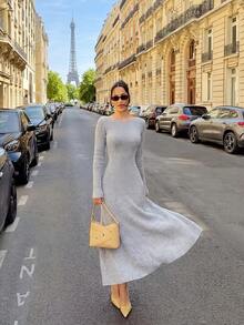 Women's Autumn/Winter Retro Minimalist Long Slim Fit Ribbed Solid Color Knit Sweater Dress - Grey - View 6