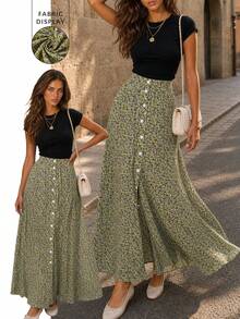 EARO Women's Blue Floral A-Line Maxi Skirt, Button Detail Design, Casual Flowy Non-Stretch Fabric Vacation - Yellow - View 1