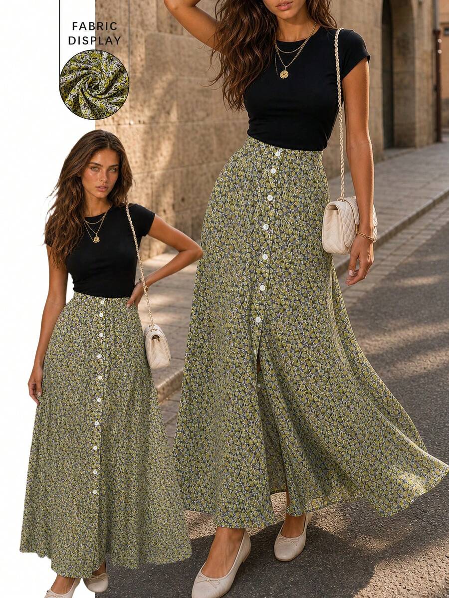 EARO Women's Blue Floral A-Line Maxi Skirt, Button Detail Design, Casual Flowy Non-Stretch Fabric Vacation - Yellow - View 1