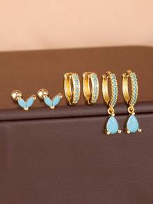 6PCS Light Luxury Water Drop Zirconia Pendant Earrings Sets For Women 18K Gold Plated Blue Stainless Steel Stud Earring Aesthetic Piercing Jewelry Gifts - Golden Pine Blue-6pcs - View 2