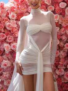 Stunning White Fitted Long Sleeve Sheer Dress, High Neck Design, Ruched Bust Detail, Suitable For Prom Or Formal Occasions - White - View 2