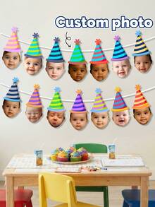 Custom Baby Face Birthday Banner,Rainbow Stripe Party Hat Garland,Milestone Birthday Photograph Backdrop,First Birthday Party,Family Gift,Baby Shower - Multicolor - View 1