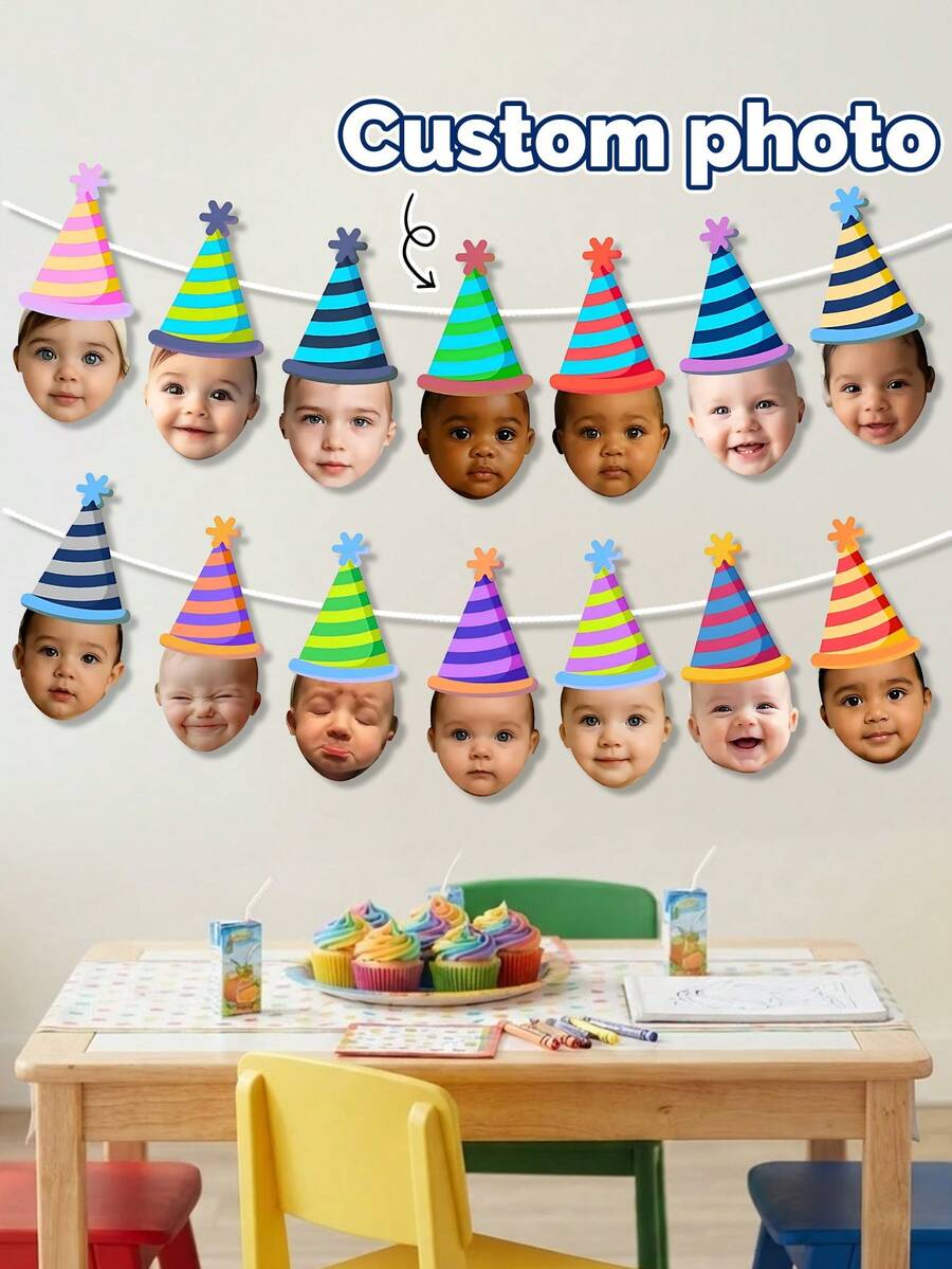 Custom Baby Face Birthday Banner,Rainbow Stripe Party Hat Garland,Milestone Birthday Photograph Backdrop,First Birthday Party,Family Gift,Baby Shower - Multicolor - View 1