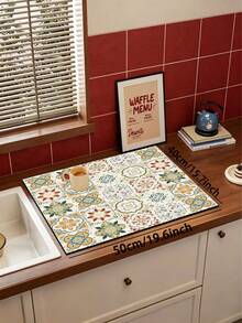 1件裝復古摩洛哥瓷磚珪藻土多功能墊，3.5mm可裁剪橡膠底，吸水防污防滑，適用洗衣機檯面墊、廚房與浴室地板裝飾墊 - 彩色 - 查看 7