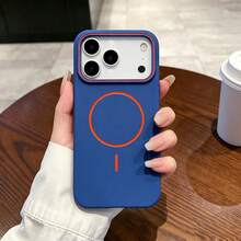 Dual-Tone Contrast Orange Line MagSafe Phone Case, Matte Silicone Frame Shockproof Protective Cover, Large Opening Camera Window Oil-Drip Design, Compatible With IPhone 17 16 15 14 13 Pro Max 12 Pro Max Wireless Charging Case, Holiday Gift - Blue - View 1