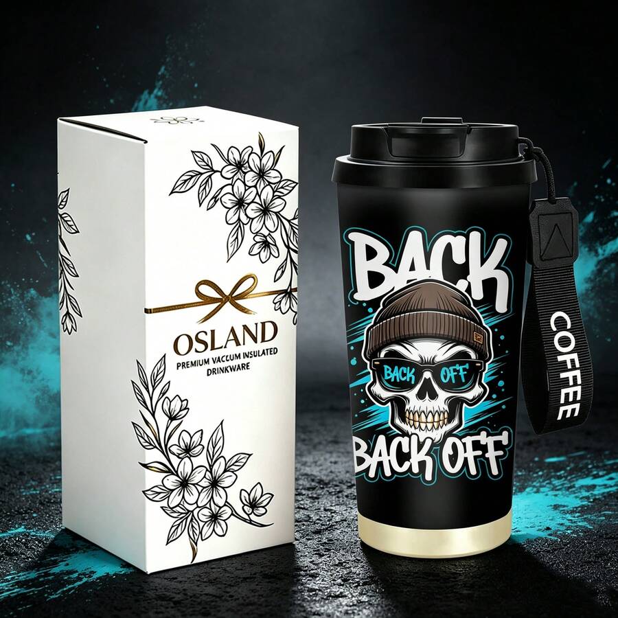 1/5pcs 18oz Stainless Steel Coffee Tumbler, Street Graffiti Skull BACK OFF Cool Punk Print Travel Mug, Multi-Function Flip Straw Lid, Black COFFEE Lanyard Strap, Ideal Gift For Street Art Punk Tattoo Fans, Suitable For Bar Skate Park Party Daily - Skeleton - View 1