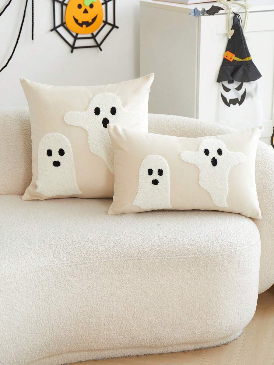 LCUHPCL 1pc Halloween Atmosphere Soft Cute Beige Ghost 3D Embroidered Plush Pillowcase, Suitable For Home Decor, Living Room, Sofa, Bedroom, Car, Party And Various Environments
