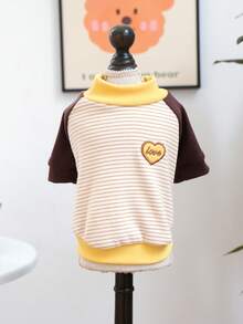 PETCIRCLE 1件寵物衣服 小狗幼犬可愛寵物防風保暖 簡約百搭 親膚柔軟咖啡色條紋愛心圓領毛衣 - 黃色 - 彩色 - 查看 3