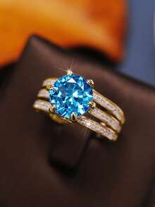 1 buah Cincin Wanita Bertema Kubik Zirkonia, Cocok untuk Pernikahan, Pertunangan, dan Hadiah Hari Valentine - Kuning keemasan + biru laut - View 5