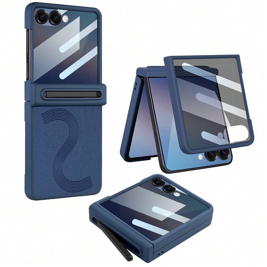 VIETAO 商務內置筆手機殼,適用於 Galaxy Z Flip 8 7 6 Flip6,人造皮革全包覆式保護殼,附隱私鋼化玻璃螢幕保護貼 - 藍色 - 查看 1