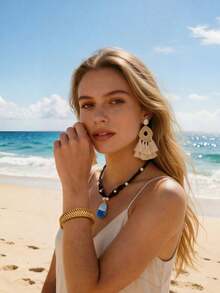 1/2pcs Boho Pendant Long Choker, Bohemian Leopard Multi-Layer Crystal Beads Cuff Bracelet Stack Summer Inspired Clothes Concho Country Concert Outfits - Multicolor - View 10