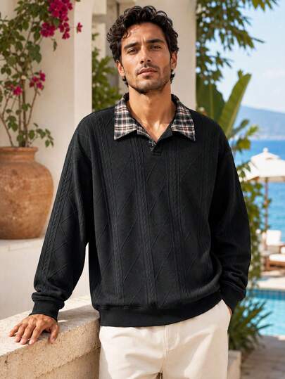 1pc Black Casual Men's Turn-Down Collar Long Sleeve POLO Shirt, Men's Sweatshirt, Men's Vacation Top, 3D Cable Knit Cable, Plaid Patchwork, Vacation Style, Machine Washable, Beach Vacation, Hawaii, Vacation Casual Wear, Men's Casual Top