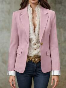 HUTENER Women's Spring Blazer, Elegant Pink Plaid, Featuring Lapel Neck Long Sleeves And Slim Waist.. Fall - Dusty Pink - View 4