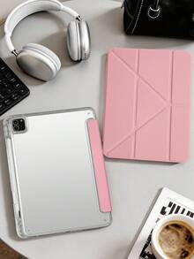 1件透明壓克力 Y-Fold 豆沙粉平板保護殼，相容 iPad Mini6/7/Air/Air2/9.7/10.2/10.5/10.9 (Air4-Air8)/Pro 11/10th Gen/A16/Pro 11 2024，全透明壓克力背殼，絲綢質感 8-Fold 翻蓋，可調支架，自動休眠/喚醒，內建筆槽，不含筆，部分機型附相機框 - 豆沙粉 - 查看 1