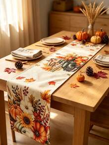 Autumn Harvest Pumpkin Table Runner, Autumn Maple Leaf Sunflower Linen Texture Table Runner, Thanksgiving Harvest Farmhouse Style Dining Room Decor, Suitable For Home Kitchen Party - B - View 5