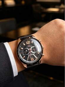 1pc Fashion New Men's Leather Strap Chronograph Mechanical Watch - Silver - View 11