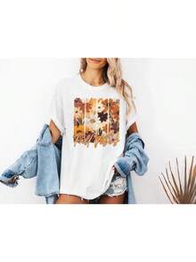 Women Boho Autumn Graphic Tee, Fall Vibes Floral Panels Painted Flower Print Casual Top, Cute Fall Season Gift, Fast Local Delivery - White - View 4