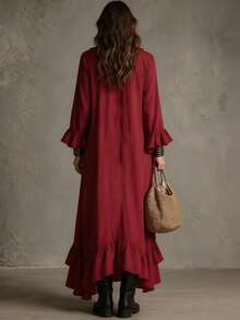 Vuslat Women's Autumn Deep V-Neck Burgundy Long Sleeve Double Layer Ruffle Hem Asymmetrical Halter Neck Maxi Dress, Suitable For Halloween, Music Festival - Burgundy - View 6