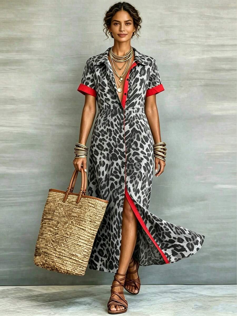 Vestido de manga corta para mujer con estampado de leopardo y contraste de color, para primavera/verano - Gris - Ver 1