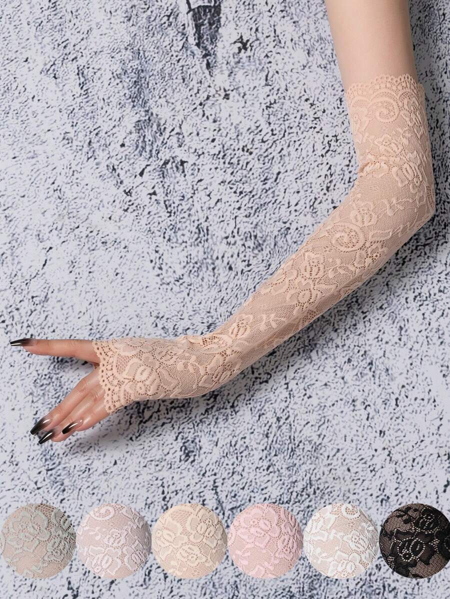 1 Pair Long Lace Arm Sleeves For Women, Spring/Autumn/Summer Driving Sun Protection Elbow Sleeve Gloves, Solid Color - Multicolor - View 1