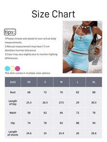 2pcs Knitted Striped Contrast Color Resin Hollow Out Beachwear Bikini Set - Sky Blue - View 3
