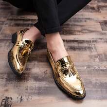 Men's Shiny Metallic Tassel Loafers Slip-On Brogue Carved Rivet Thick Sole Party Stage Formal Leather Shoes - Gold - View 6