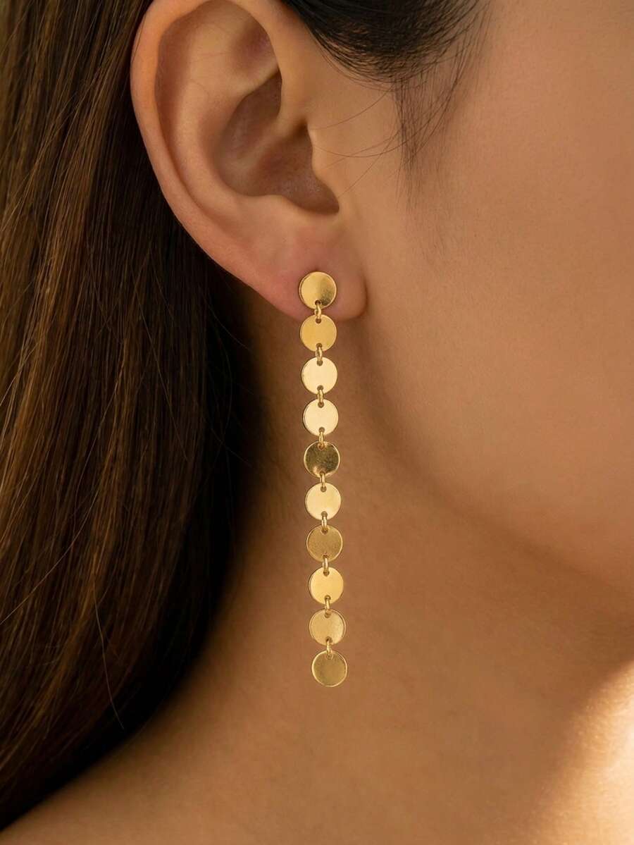 1 Pair Round Disc Pendant Earrings, Metal Geometric Circle Decor, Minimalist Fashion Dangle, Vintage Hollow Statement Jewelry, Women's Daily Wear Party Gift - Gold - View 1