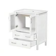 61 Cm Floor-Standing Vanity Unit, Gloss White, With Ceramic Basin, Fluted Glass Doors, Storage Drawers, Silver Handles, Tap Not Included - White - View 8