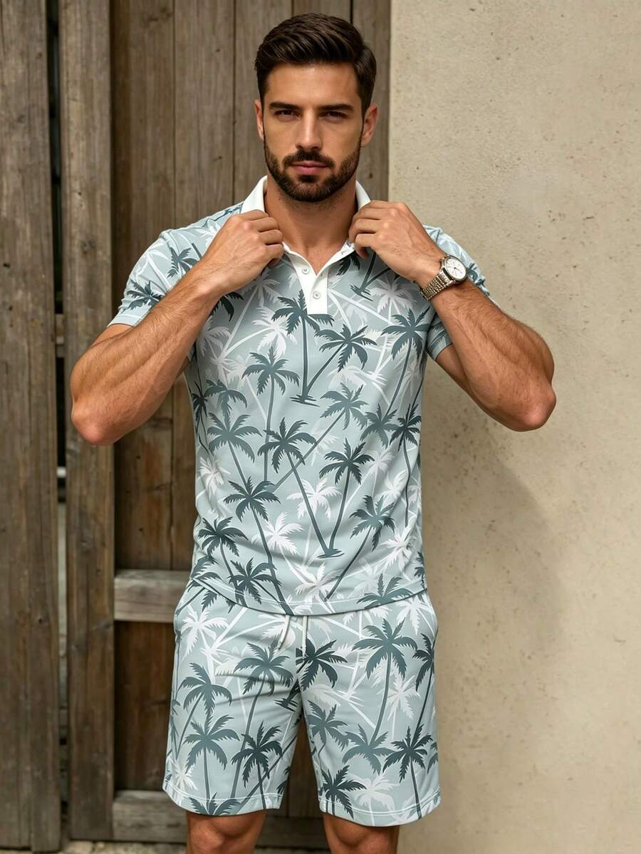 Men's Coconut Tree Digital Print Short Sleeve Polo Shirt And Shorts Set - Multicolor - View 1