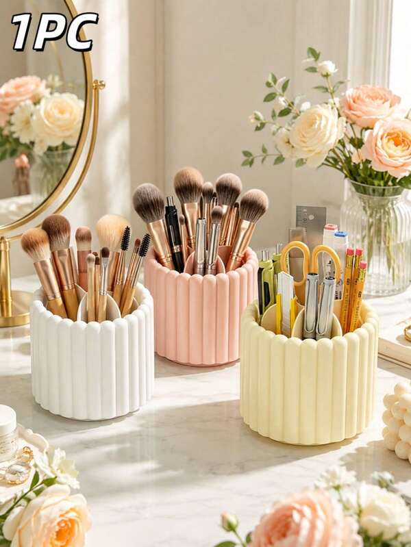 1 Buah - Tempat Kuas Makeup Berputar 360°, Organizer Kosmetik Kapasitas Besar dengan Desain Multi-Kompartemen, Wadah Pensil dan Pena Hemat Ruang untuk Kuas, Lipstik, Gunting, Alat Tulis, Perlengkapan Rias, Kantor, Kamar Tidur, Penyimpanan Meja Kamar Asrama, Dekorasi Rumah, Dekorasi Kamar Tidur, Kembali ke Sekolah